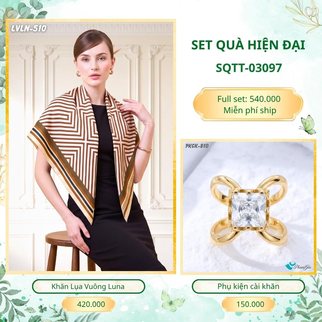 Set Quà Tặng Khăn Lụa Vuông 90*90cm Và Phụ Kiện Cài Khăn Hiện Đại (SQTT03097)
