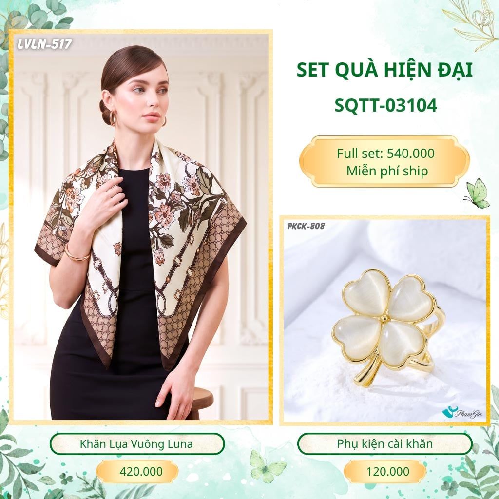 Set Quà Tặng Khăn Lụa Vuông 90*90cm Và Phụ Kiện Cài Khăn Hiện Đại (SQTT03104)