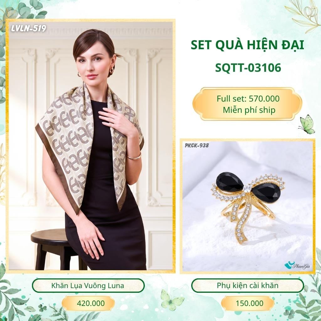 Set Quà Tặng Khăn Lụa Vuông 90*90cm Và Phụ Kiện Cài Khăn Hiện Đại (SQTT03106)
