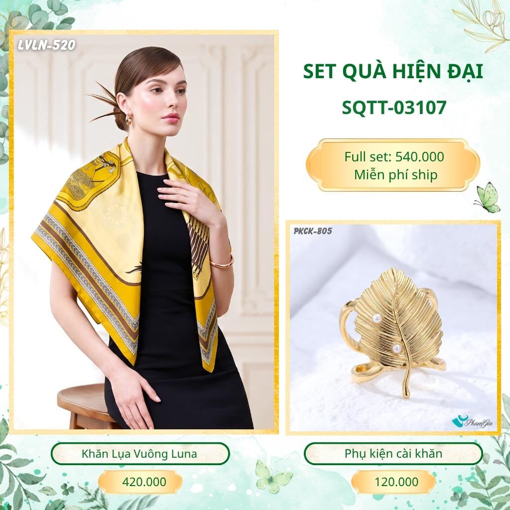 Set Quà Tặng Khăn Lụa Vuông 90*90cm Và Phụ Kiện Cài Khăn Hiện Đại (SQTT03107)
