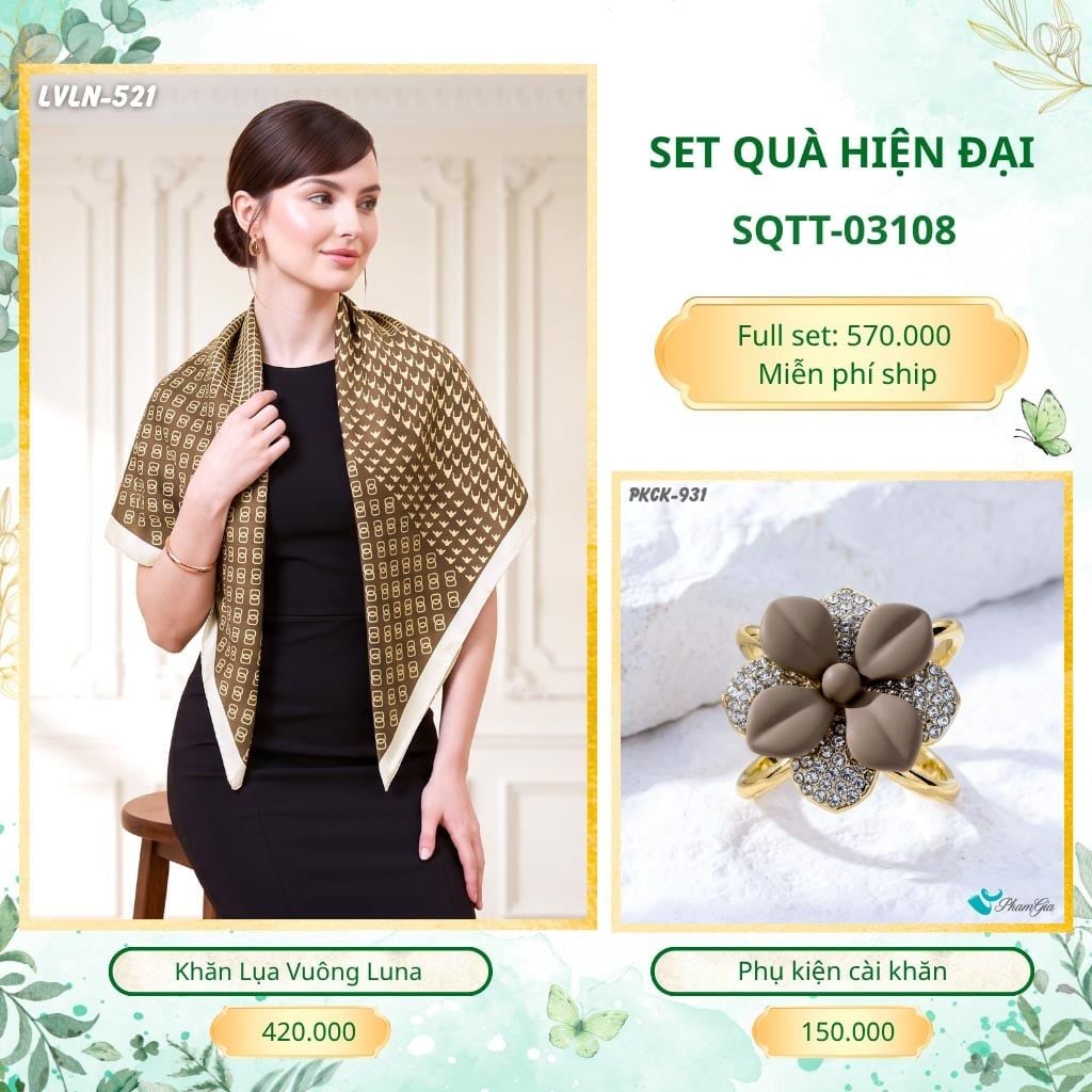 Set Quà Tặng Khăn Lụa Vuông 90*90cm Và Phụ Kiện Cài Khăn Hiện Đại (SQTT03108)
