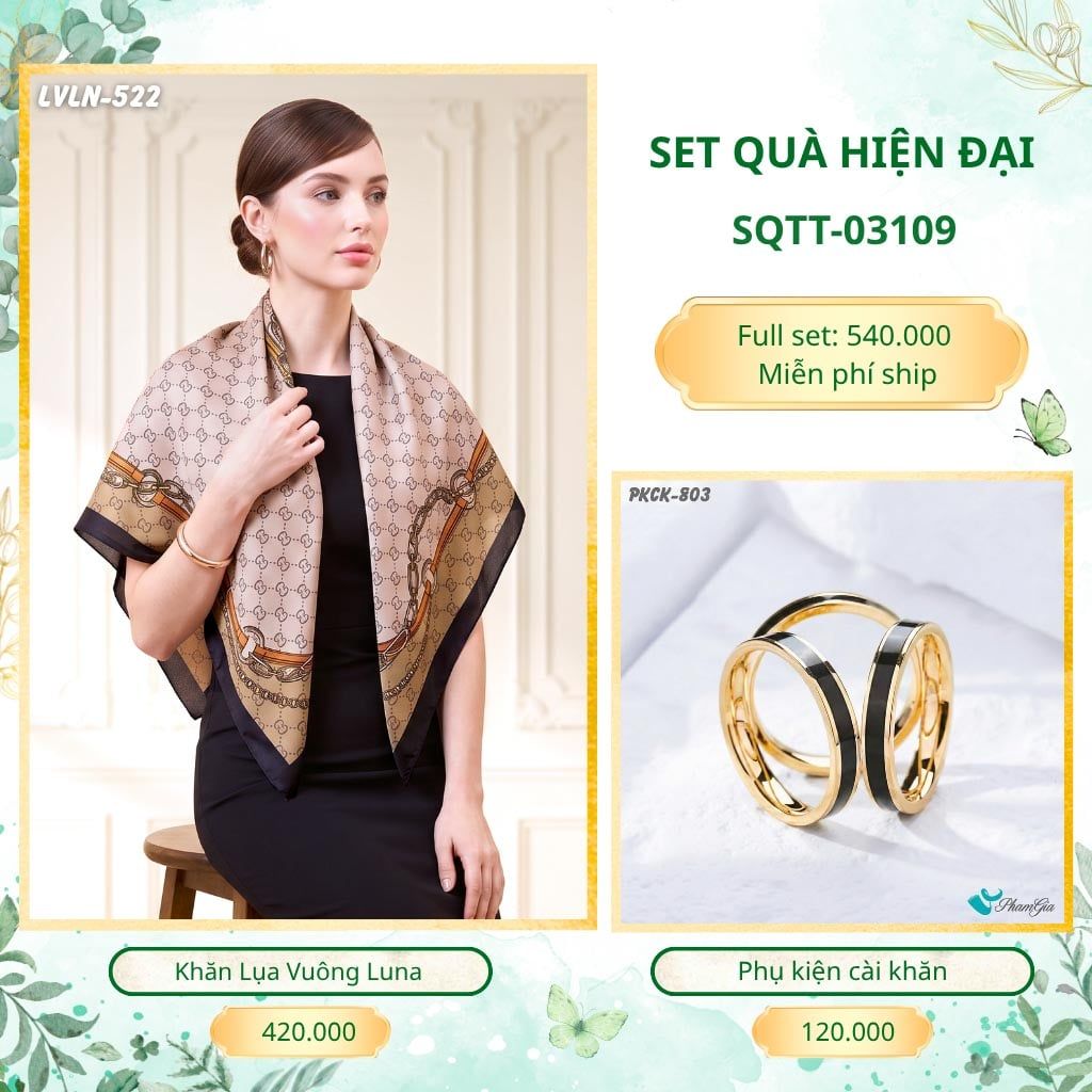 Set Quà Tặng Khăn Lụa Vuông 90*90cm Và Phụ Kiện Cài Khăn Hiện Đại (SQTT03109)