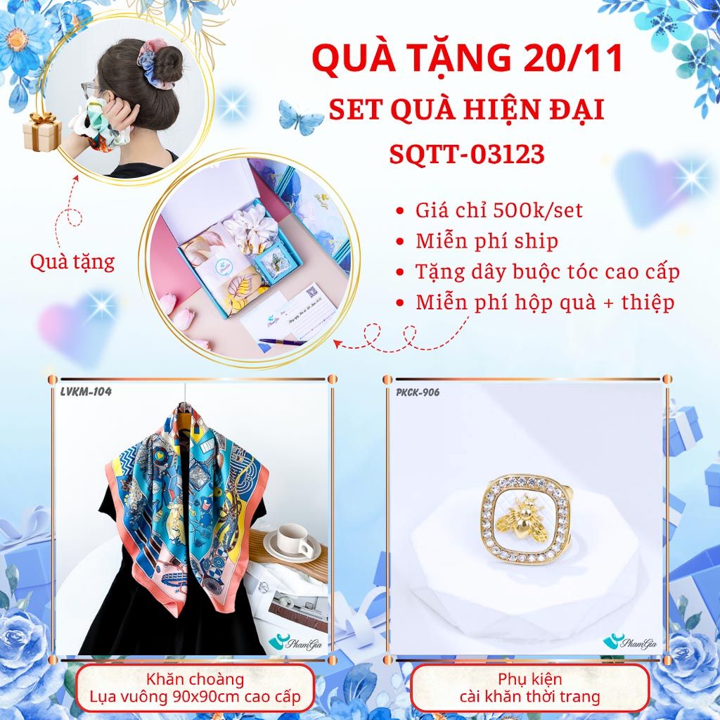 Set Quà Tặng Khăn Lụa Vuông 90*90cm Cao Cấp Và Phụ Kiện Cài Khăn Hiện Đại (SQTT03123)