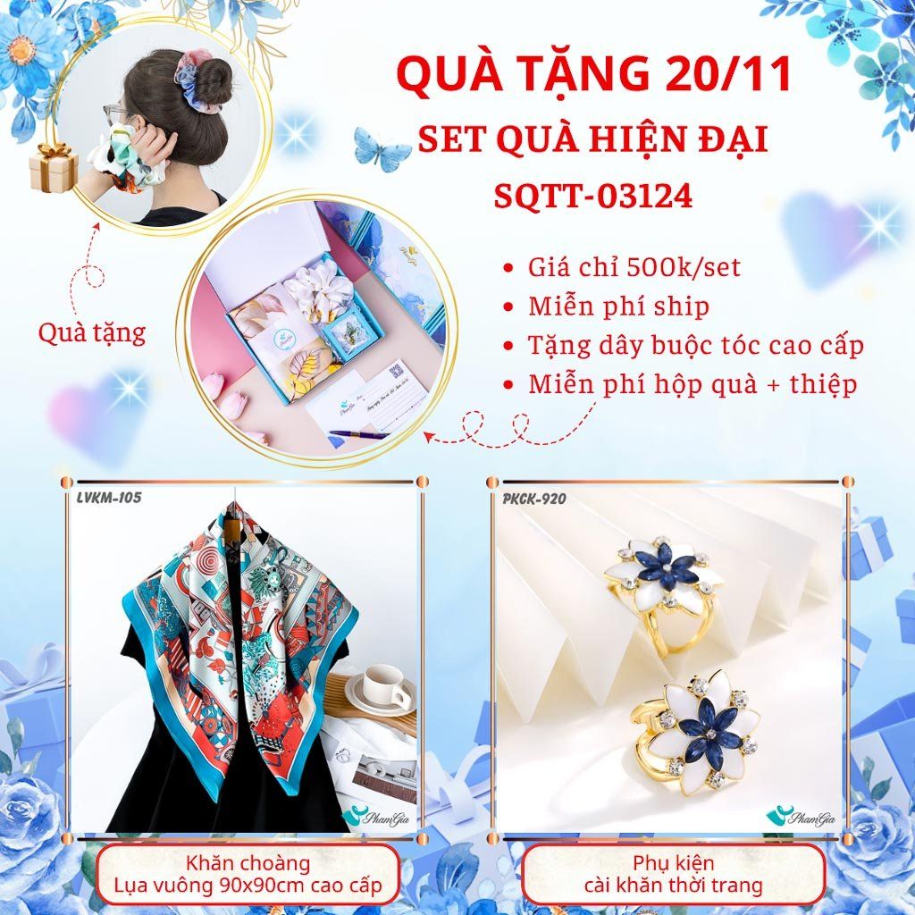 Set Quà Tặng Khăn Lụa Vuông 90*90cm Cao Cấp Và Phụ Kiện Cài Khăn Hiện Đại (SQTT03124)