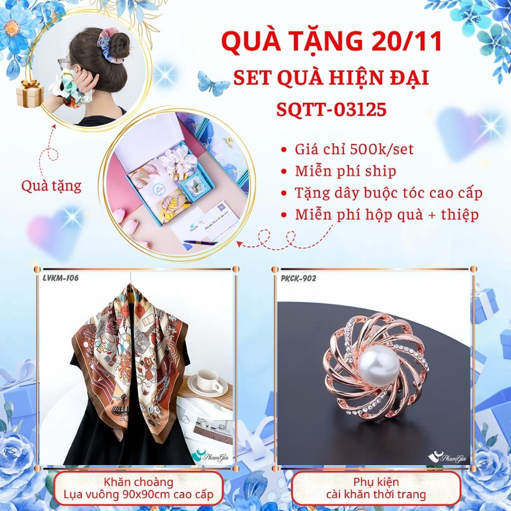 Set Quà Tặng Khăn Lụa Vuông 90*90cm Cao Cấp Và Phụ Kiện Cài Khăn Hiện Đại (SQTT03125)