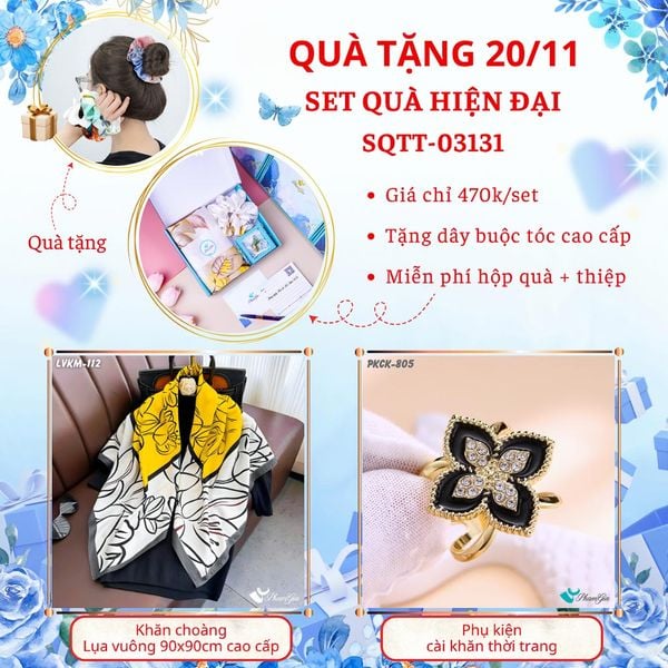 Set Quà Tặng Khăn Lụa Vuông 90*90cm Cao Cấp Và Phụ Kiện Cài Khăn Hiện Đại (SQTT03131)