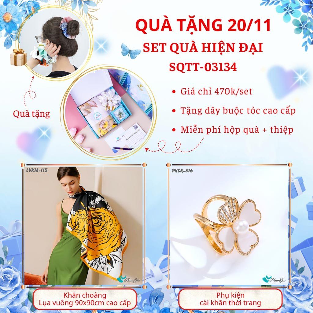 Set Quà Tặng Khăn Lụa Vuông 90*90cm Cao Cấp Và Phụ Kiện Cài Khăn Hiện Đại (SQTT03134)
