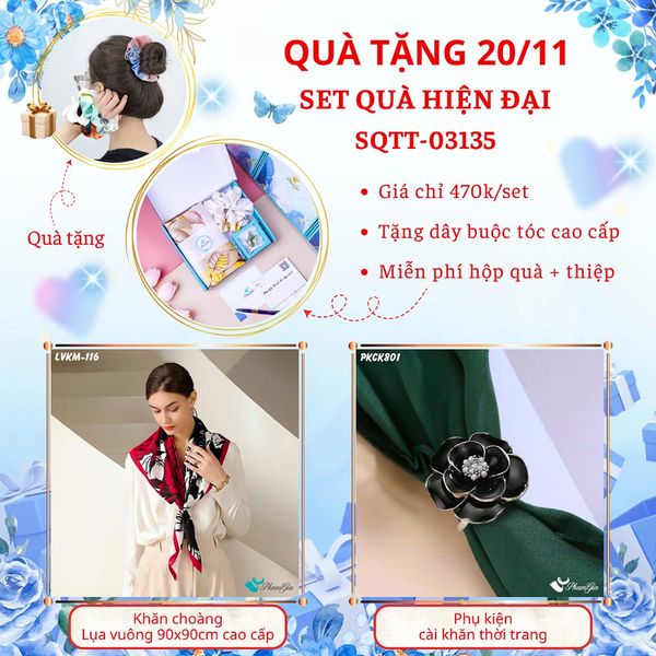 Set Quà Tặng Khăn Lụa Vuông 90*90cm Cao Cấp Và Phụ Kiện Cài Khăn Hiện Đại (SQTT03135)
