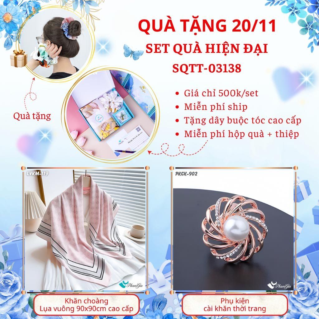 Set Quà Tặng Khăn Lụa Vuông 90*90cm Cao Cấp Và Phụ Kiện Cài Khăn Hiện Đại (SQTT03138)
