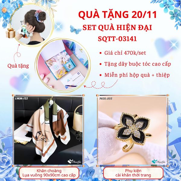 Set Quà Tặng Khăn Lụa Vuông 90*90cm Cao Cấp Và Phụ Kiện Cài Khăn Hiện Đại (SQTT03141)