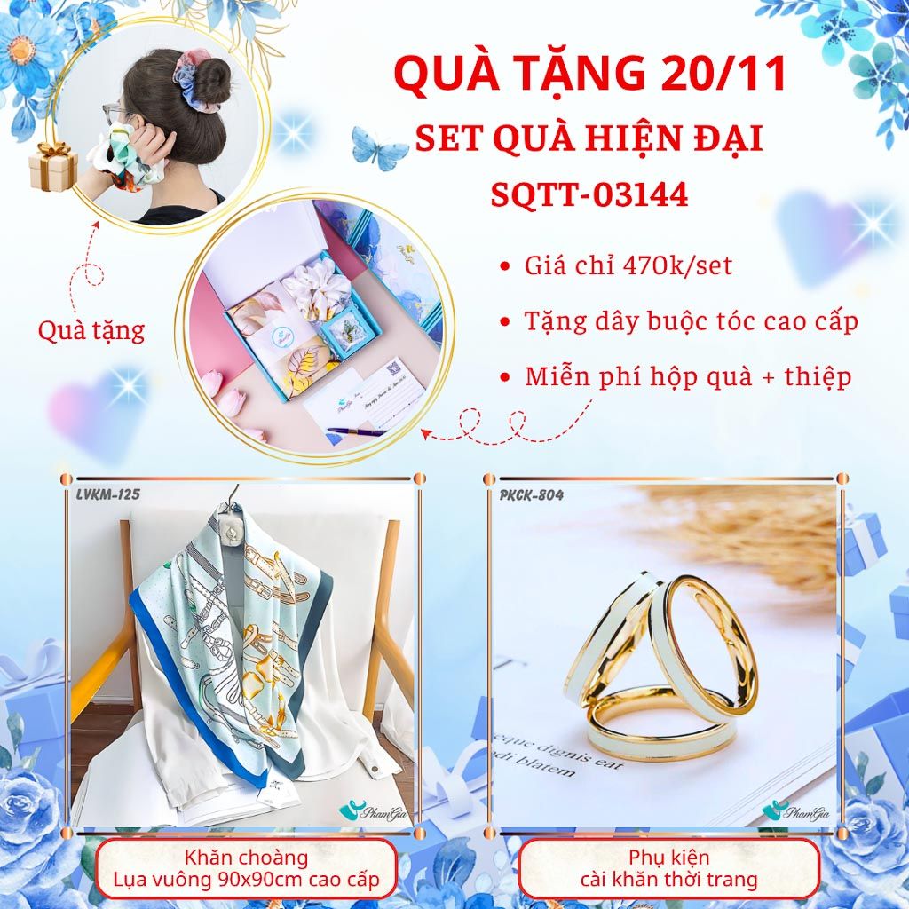 Set Quà Tặng Khăn Lụa Vuông 90*90cm Cao Cấp Và Phụ Kiện Cài Khăn Hiện Đại (SQTT03144)