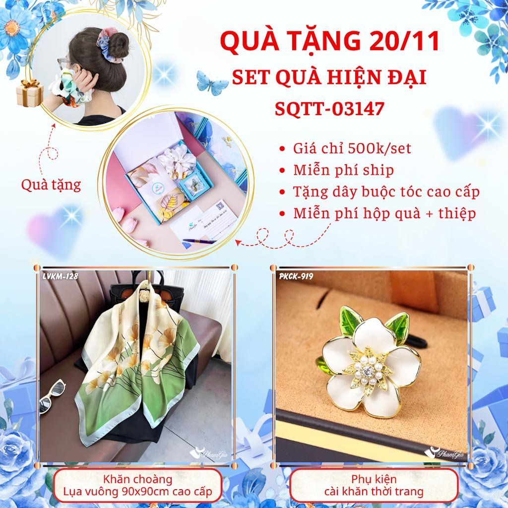 Set Quà Tặng Khăn Lụa Vuông 90*90cm Cao Cấp Và Phụ Kiện Cài Khăn Hiện Đại (SQTT03147)
