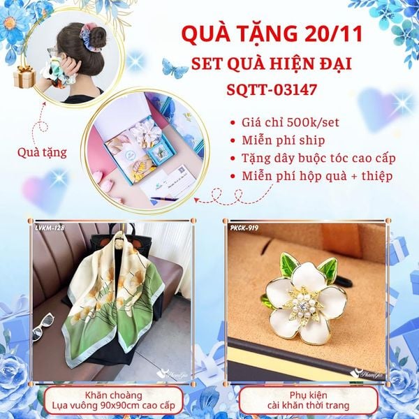 Set Quà Tặng Khăn Lụa Vuông 90*90cm Cao Cấp Và Phụ Kiện Cài Khăn Hiện Đại (SQTT03147)