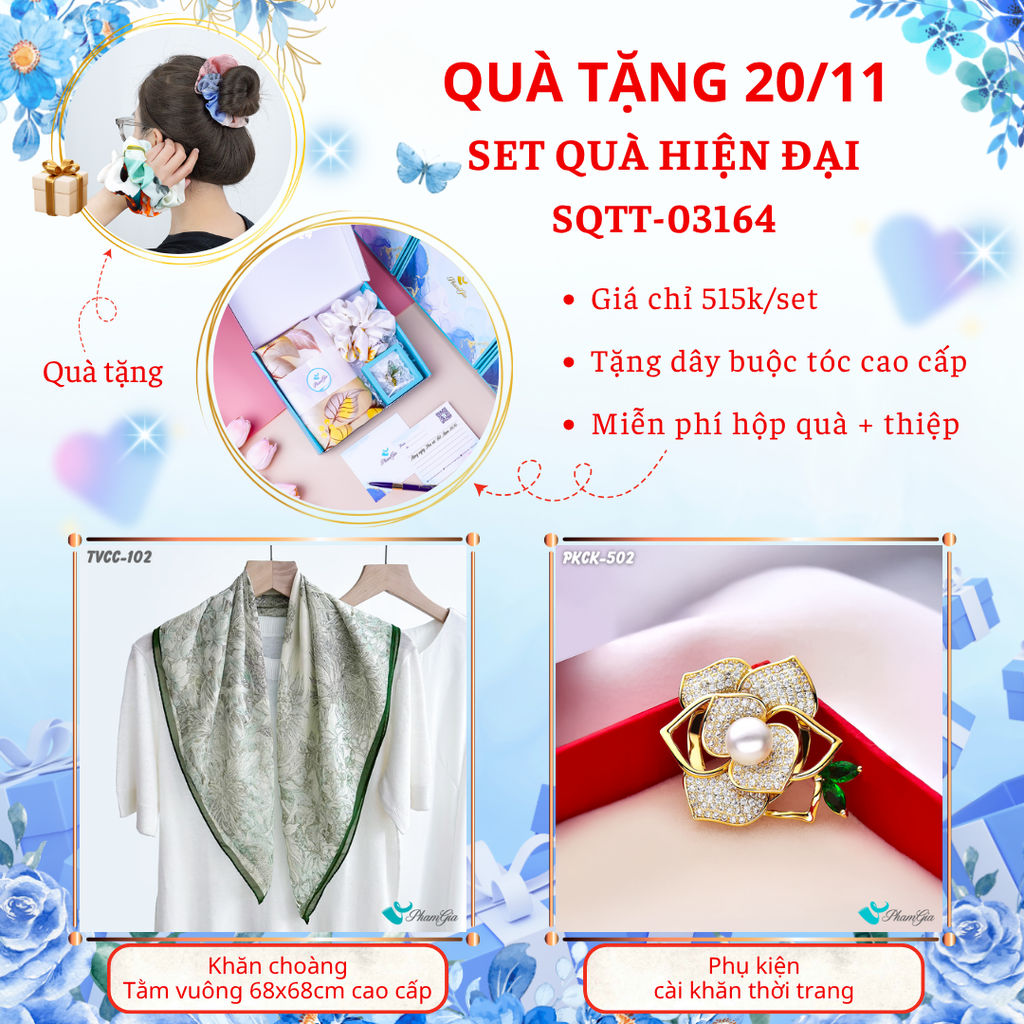 Set Quà Tặng Khăn Tằm Vuông Cao Cấp Và Phụ Kiện Cài Khăn Hiện Đại (SQTT03164)