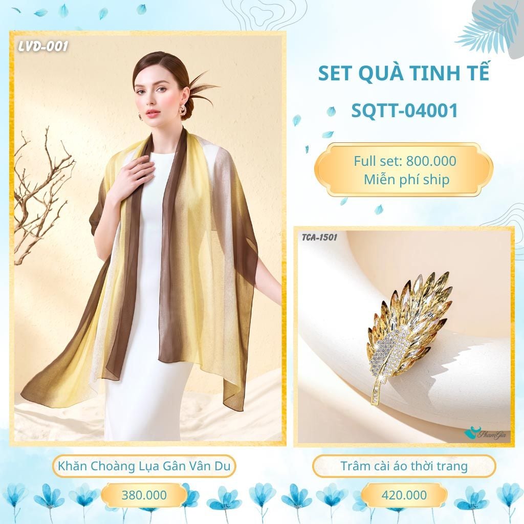 Set Quà Tặng Khăn Choàng Lụa Gân Vân Du Và Trâm Cài Áo Tinh Tế (SQTT04001)