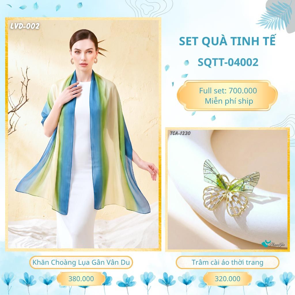 Set Quà Tặng Khăn Choàng Lụa Gân Vân Du Và Trâm Cài Áo Tinh Tế (SQTT04002)