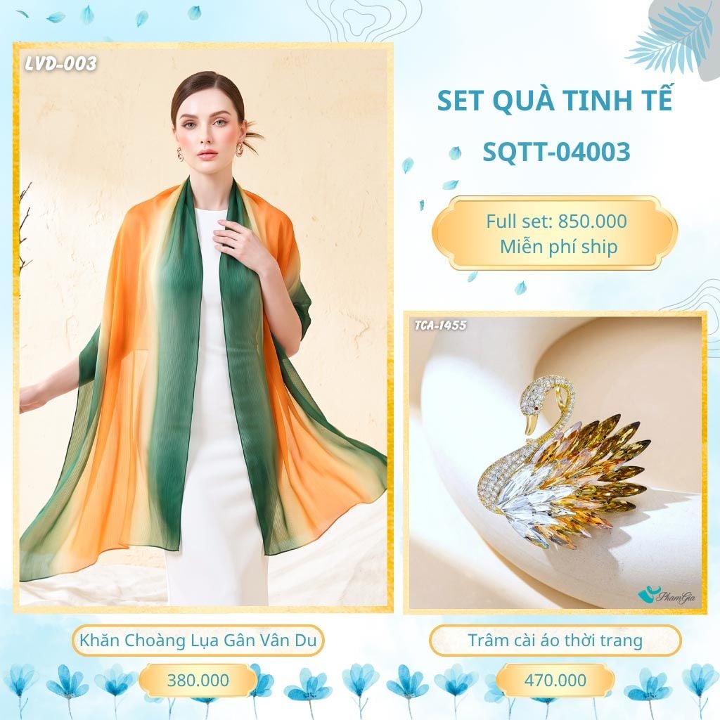 Set Quà Tặng Khăn Choàng Lụa Gân Vân Du Và Trâm Cài Áo Tinh Tế (SQTT04003)
