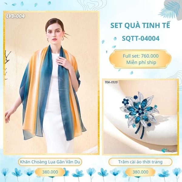 Set Quà Tặng Khăn Choàng Lụa Gân Vân Du Và Trâm Cài Áo Tinh Tế (SQTT04004)