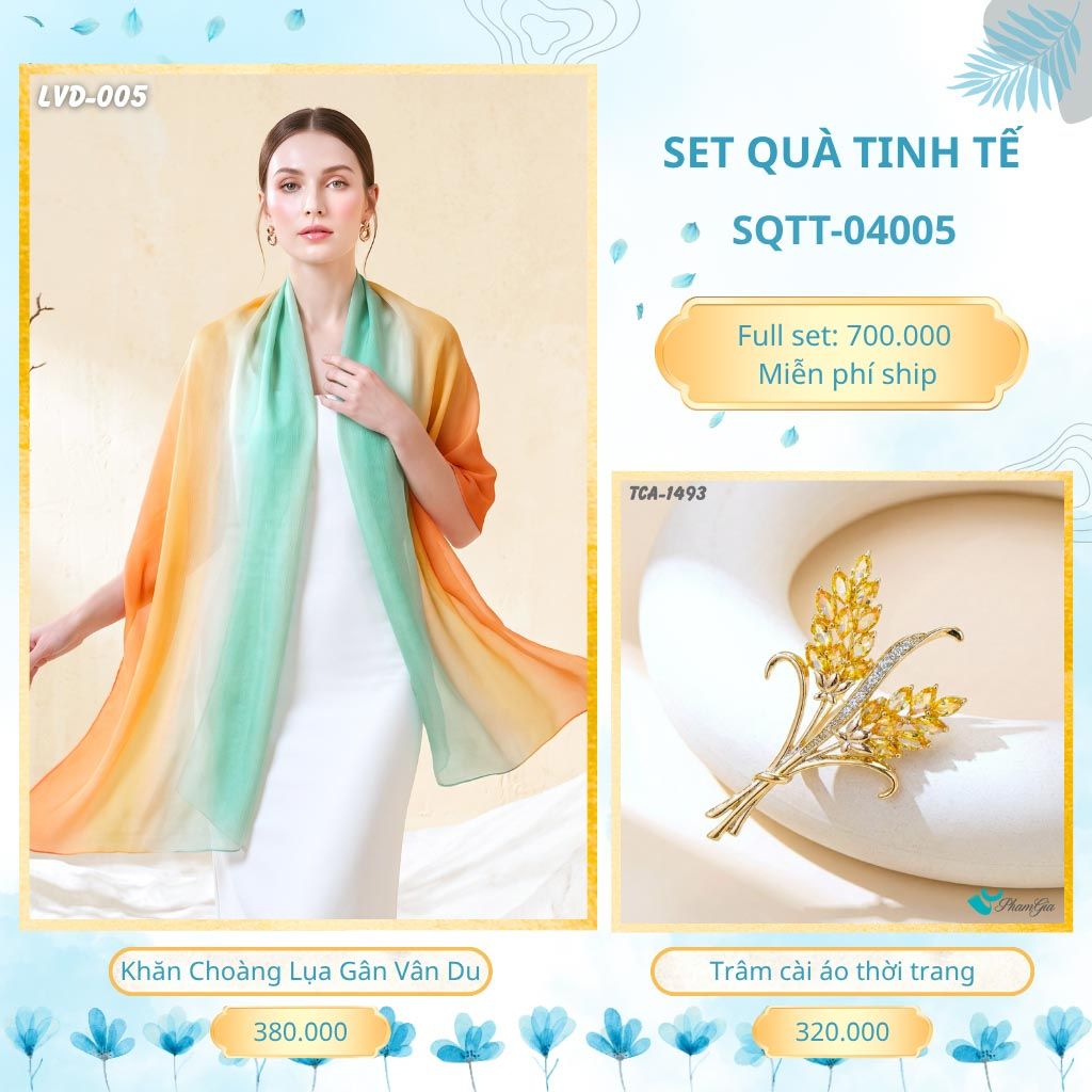 Set Quà Tặng Khăn Choàng Lụa Gân Vân Du Và Trâm Cài Áo Tinh Tế (SQTT04005)