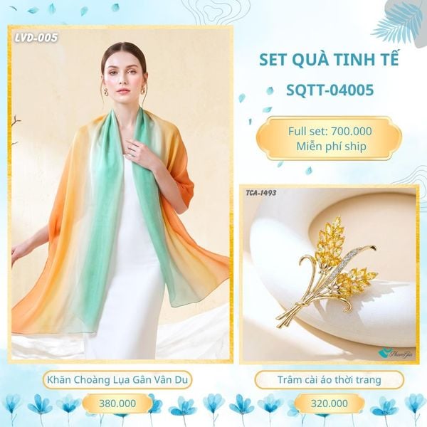 Set Quà Tặng Khăn Choàng Lụa Gân Vân Du Và Trâm Cài Áo Tinh Tế (SQTT04005)