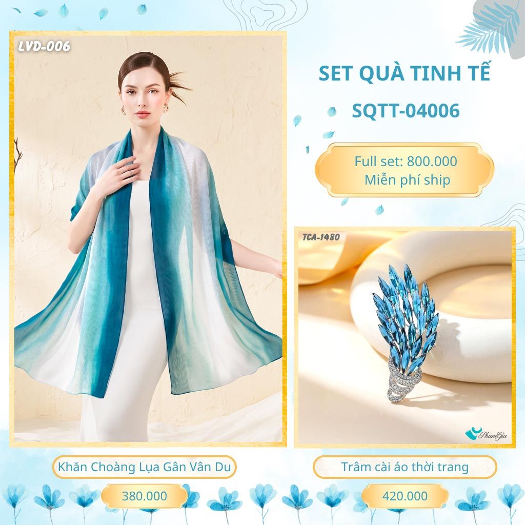 Set Quà Tặng Khăn Choàng Lụa Gân Vân Du Và Trâm Cài Áo Tinh Tế (SQTT04006)