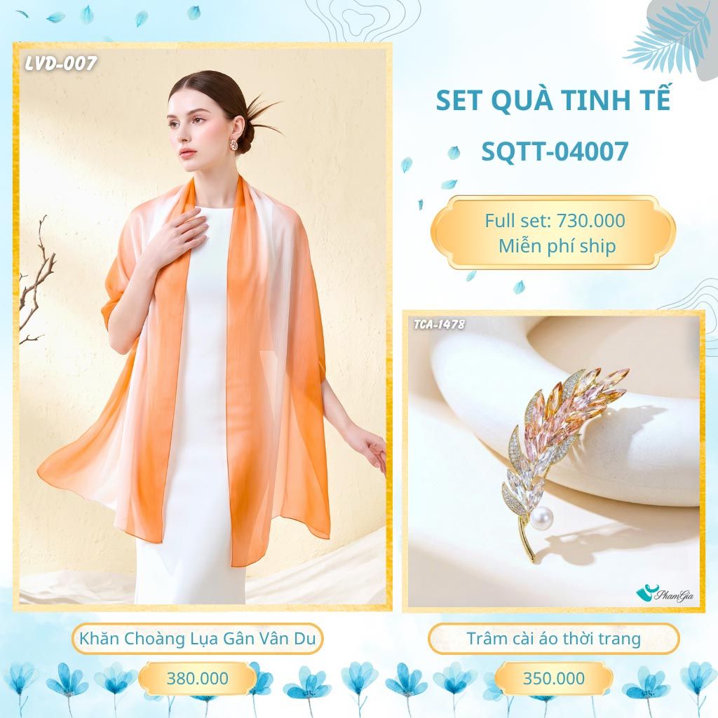 Set Quà Tặng Khăn Choàng Lụa Gân Vân Du Và Trâm Cài Áo Tinh Tế (SQTT04007)