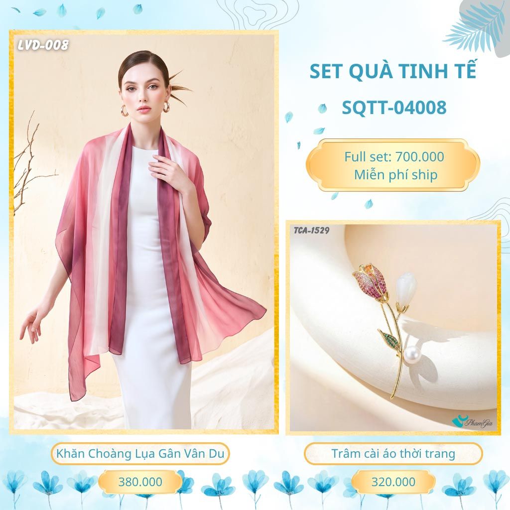 Set Quà Tặng Khăn Choàng Lụa Gân Vân Du Và Trâm Cài Áo Tinh Tế (SQTT04008)