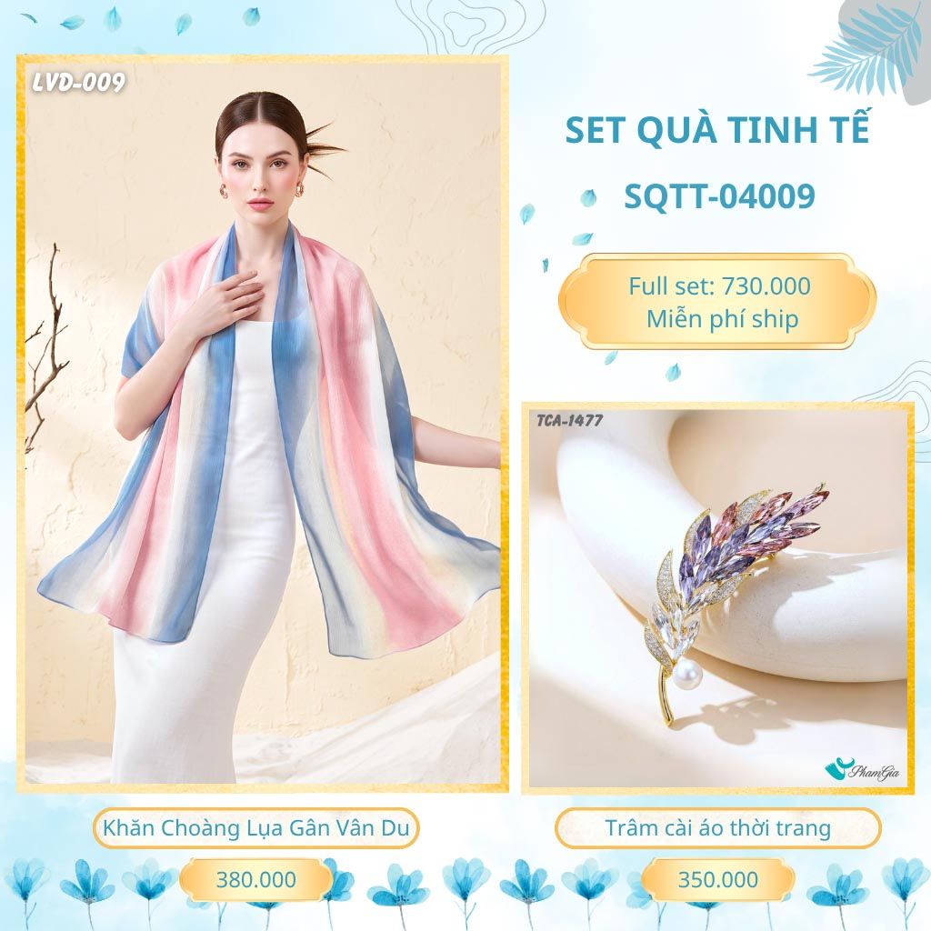 Set Quà Tặng Khăn Choàng Lụa Gân Vân Du Và Trâm Cài Áo Tinh Tế (SQTT04009)