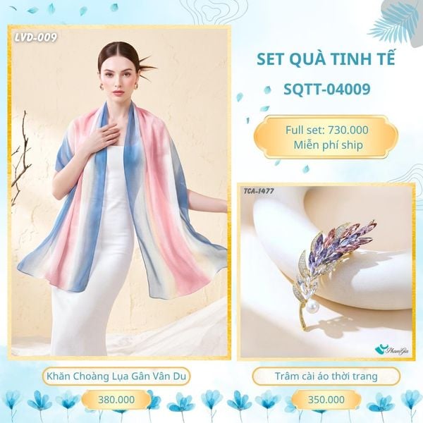 Set Quà Tặng Khăn Choàng Lụa Gân Vân Du Và Trâm Cài Áo Tinh Tế (SQTT04009)