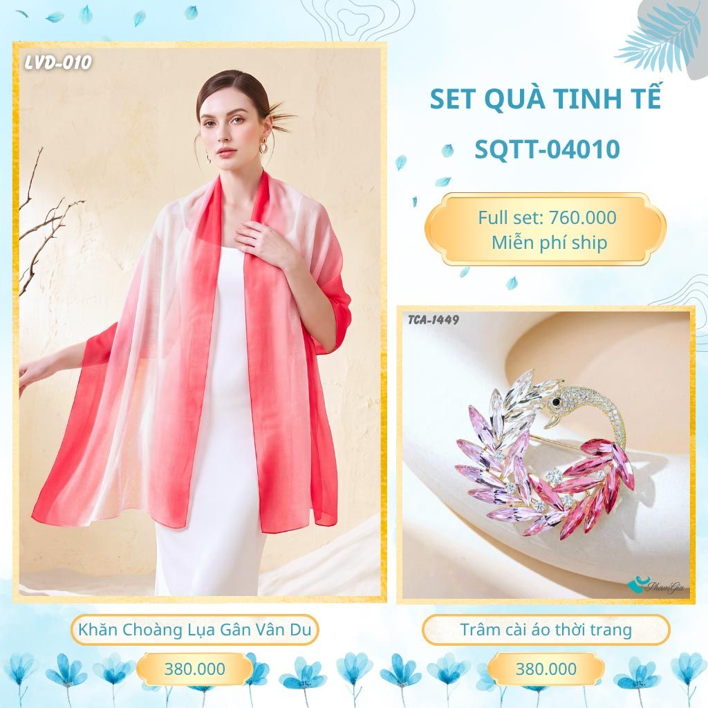 Set Quà Tặng Khăn Choàng Lụa Gân Vân Du Và Trâm Cài Áo Tinh Tế (SQTT04010)