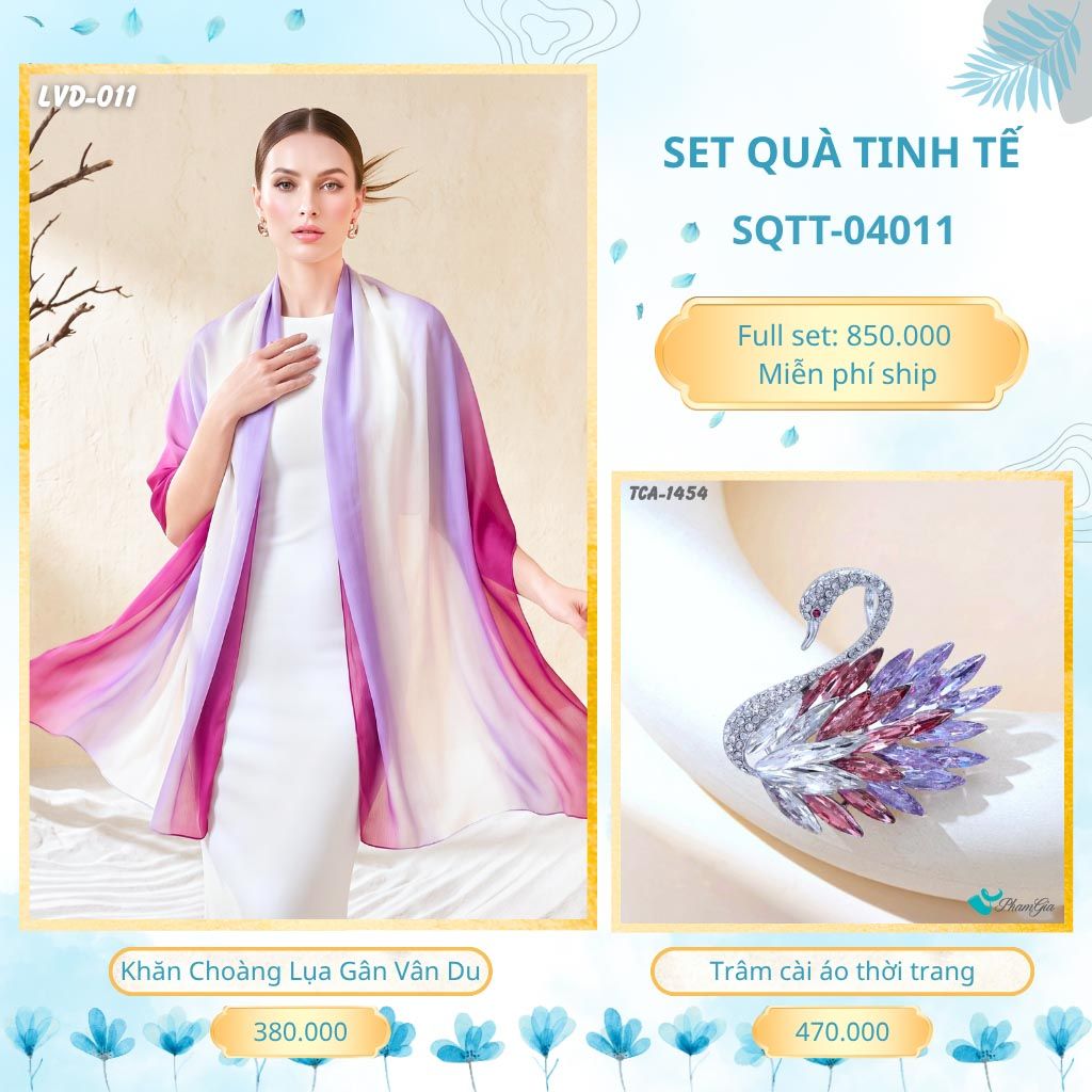 Set Quà Tặng Khăn Choàng Lụa Gân Vân Du Và Trâm Cài Áo Tinh Tế (SQTT04011)