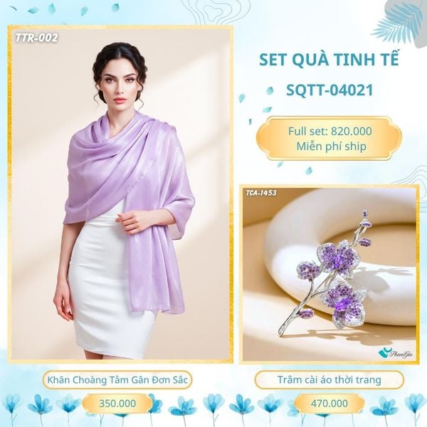 Set Quà Tặng Khăn Choàng Tằm Gân Đơn Sắc Và Trâm Cài Áo Tinh Tế (SQTT04021)