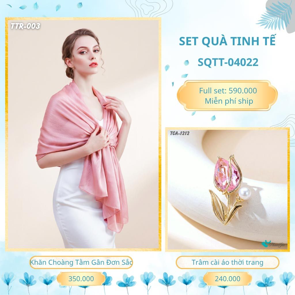 Set Quà Tặng Khăn Choàng Tằm Gân Đơn Sắc Và Trâm Cài Áo Tinh Tế (SQTT04022)