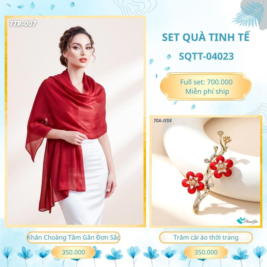 Set Quà Tặng Khăn Choàng Tằm Gân Đơn Sắc Và Trâm Cài Áo Tinh Tế (SQTT04023)
