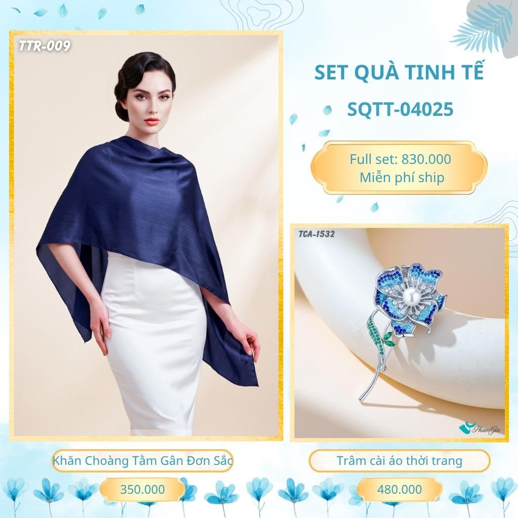 Set Quà Tặng Khăn Choàng Tằm Gân Đơn Sắc Và Trâm Cài Áo Tinh Tế (SQTT04025)