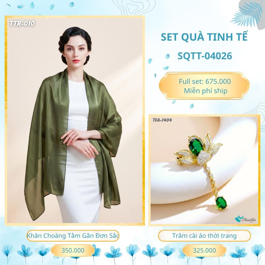 Set Quà Tặng Khăn Choàng Tằm Gân Đơn Sắc Và Trâm Cài Áo Tinh Tế (SQTT04026)