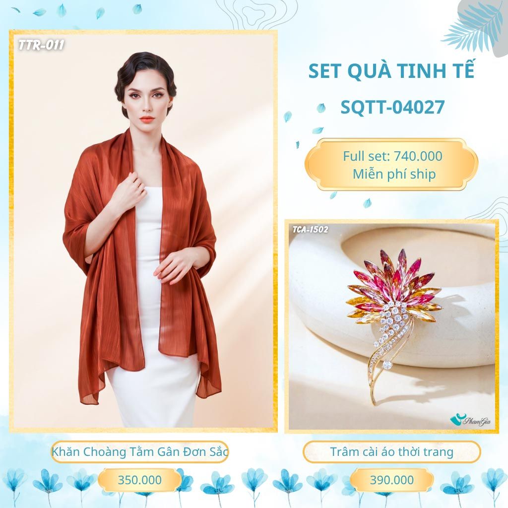 Set Quà Tặng Khăn Choàng Tằm Gân Đơn Sắc Và Trâm Cài Áo Tinh Tế (SQTT04027)