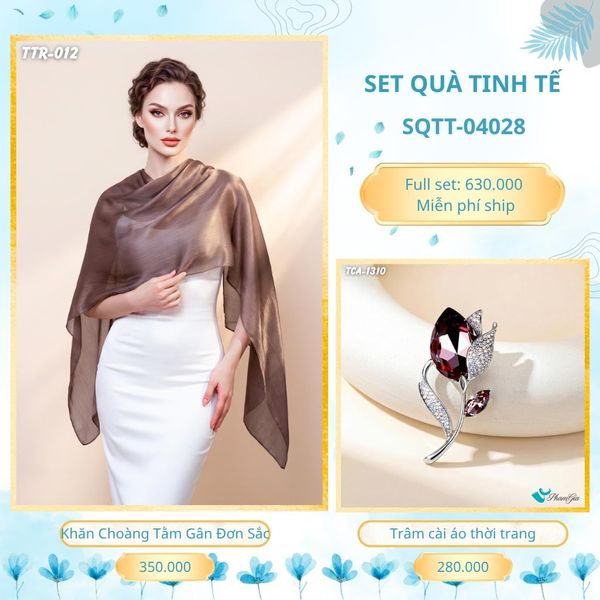 Set Quà Tặng Khăn Choàng Tằm Gân Đơn Sắc Và Trâm Cài Áo Tinh Tế (SQTT04028)
