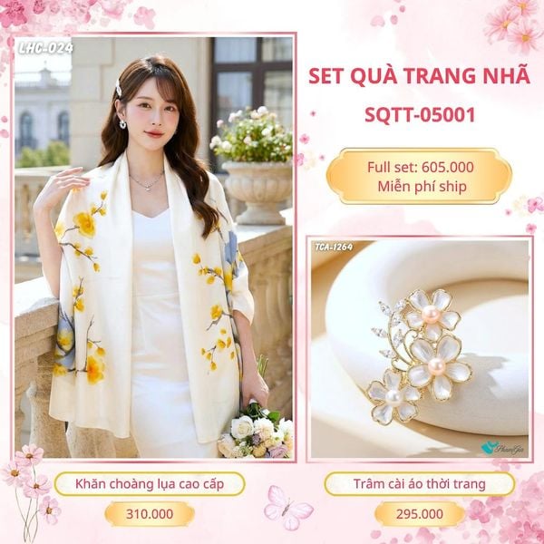 Set Quà Tặng Khăn Choàng Lụa 90*180cm Và Trâm Cài Áo Trang Nhã (SQTT05001)