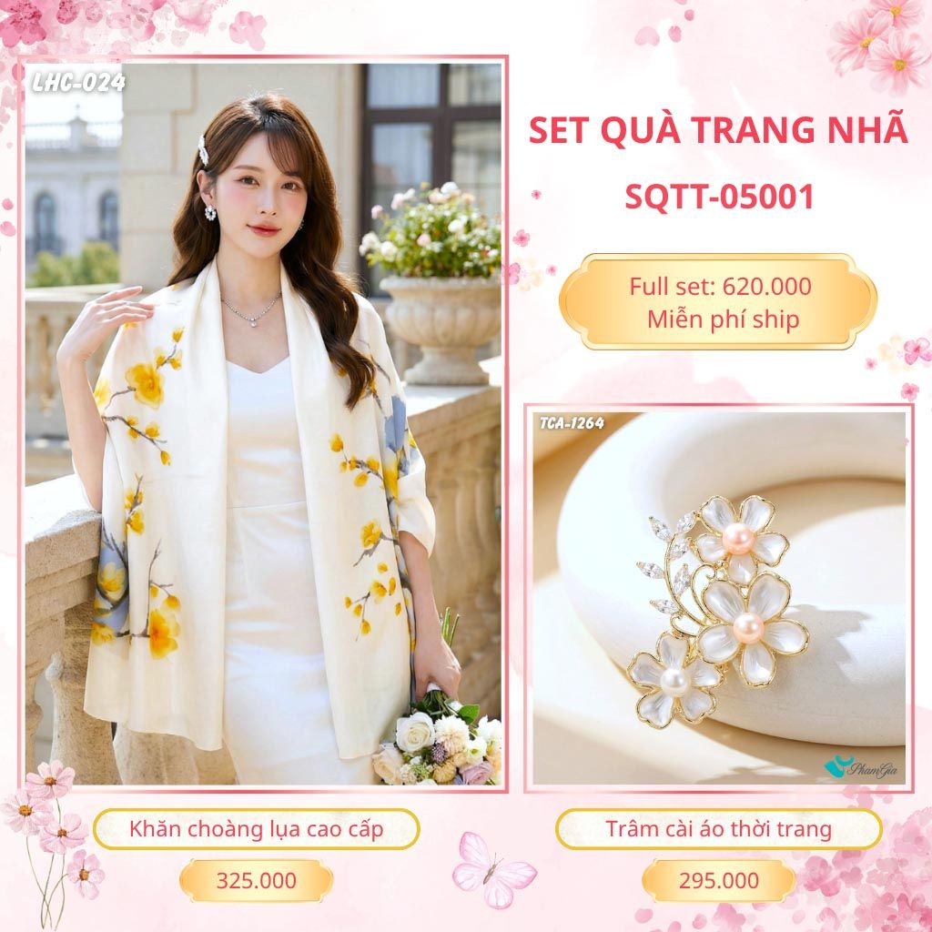 Set Quà Tặng Khăn Choàng Lụa 90*180cm Và Trâm Cài Áo Trang Nhã (SQTT05001)