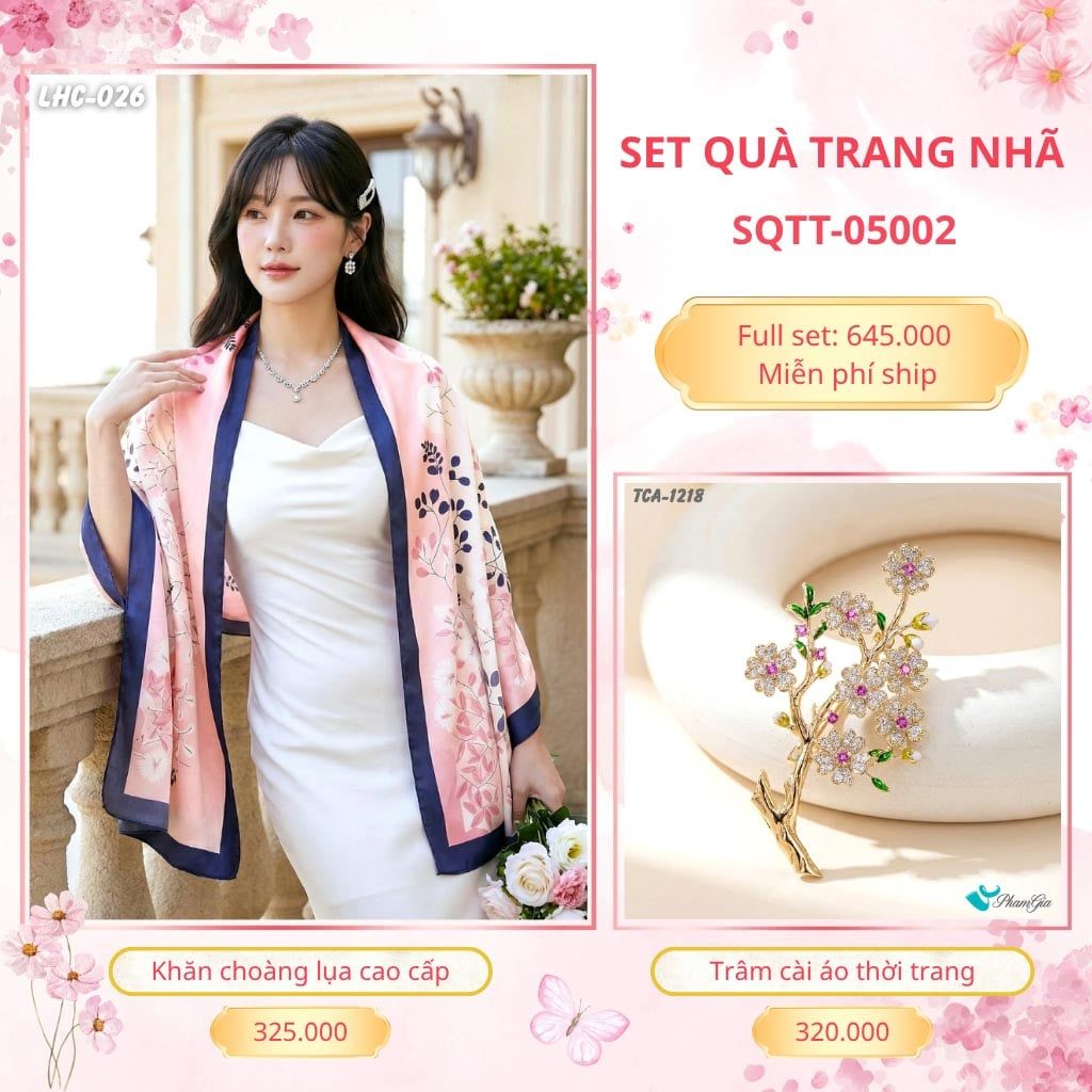 Set Quà Tặng Khăn Choàng Lụa 90*180cm Và Trâm Cài Áo Trang Nhã (SQTT05002)