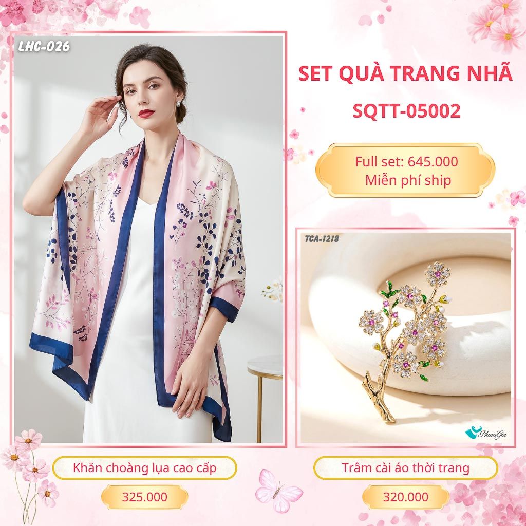 Set Quà Tặng Khăn Choàng Lụa 90*180cm Và Trâm Cài Áo Trang Nhã (SQTT05002)