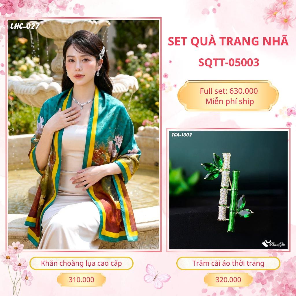 Set Quà Tặng Khăn Choàng Lụa 90*180cm Và Trâm Cài Áo Trang Nhã (SQTT05003)