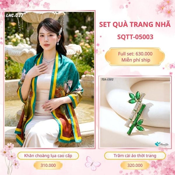 Set Quà Tặng Khăn Choàng Lụa 90*180cm Và Trâm Cài Áo Trang Nhã (SQTT05003)