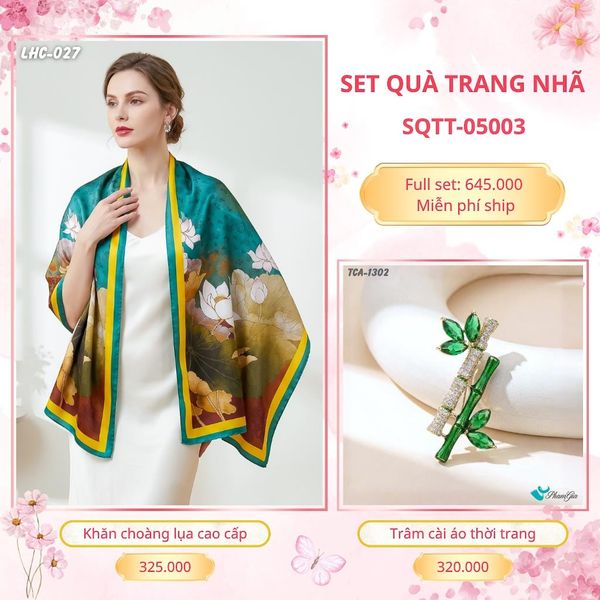 Set Quà Tặng Khăn Choàng Lụa 90*180cm Và Trâm Cài Áo Trang Nhã (SQTT05003)