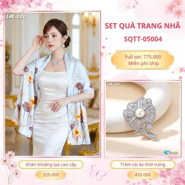 Set Quà Tặng Khăn Choàng Lụa 90*180cm Và Trâm Cài Áo Trang Nhã (SQTT05004)