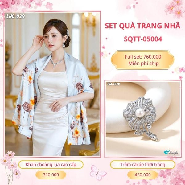 Set Quà Tặng Khăn Choàng Lụa 90*180cm Và Trâm Cài Áo Trang Nhã (SQTT05004)