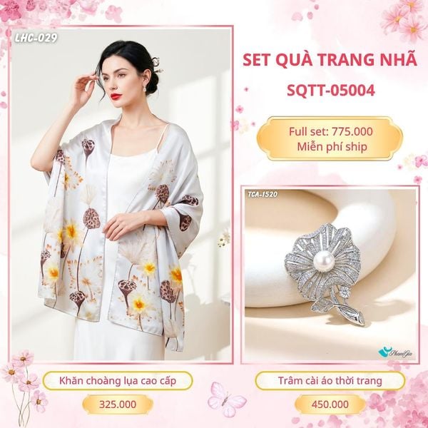 Set Quà Tặng Khăn Choàng Lụa 90*180cm Và Trâm Cài Áo Trang Nhã (SQTT05004)