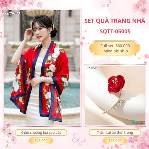Set Quà Tặng Khăn Choàng Lụa 90*180cm Và Trâm Cài Áo Trang Nhã (SQTT05005)