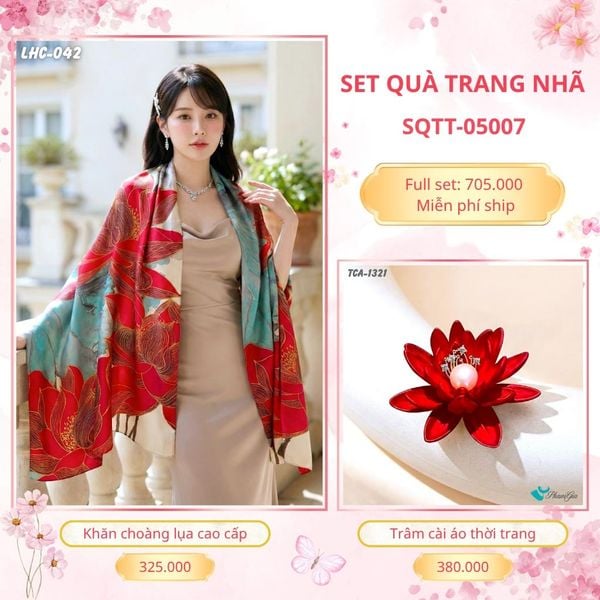 Set Quà Tặng Khăn Choàng Lụa 90*180cm Và Trâm Cài Áo Trang Nhã (SQTT05007)